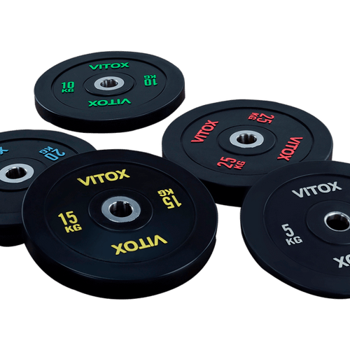 Black Bumper Plates with Colored Word Markings (5KG  to 25KG) - DirectHomeGym